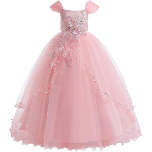 🆕Girls Light Pink Polyester Flower Girl Lace Cold Shoulder Sequin Wedding Gown